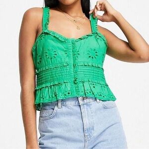(NWT) Topshop Green Eyelet Ruffle Trim Top